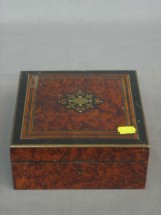 A 19th Century figured walnut trinket box with brass and ebony stringing and hinged lid 7"