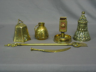 A large brass bell 6", an Eastern octagonal bell, a toasting fork etc