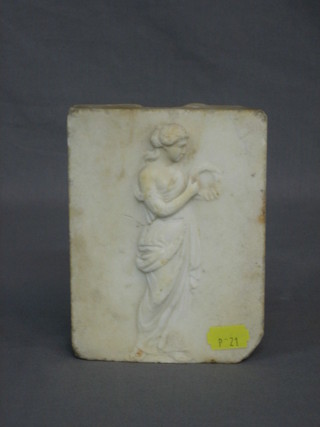 A carved marble tile decorated figures of standing classical lady with garland 6" x 4 1/2"
