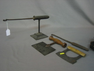 A 19th Century Goffering iron and stand and 1 other iron and 2 kitchen choppers