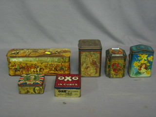 A Peek, Frean  and Co biscuit tin decorated The Nave of Hearts 4", a square Huntley & Palmer biscuit tin decorated scenes of military (illegible due to wear), a Scribbans-Kemp Tally Ho biscuit tin, a tin decorated The Earl Kitchener, a tin decorated daffodils and an Oxo tin