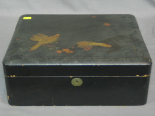 A 19th Century Oriental rectangular lacquered box decorated birds with hinged lid 14"