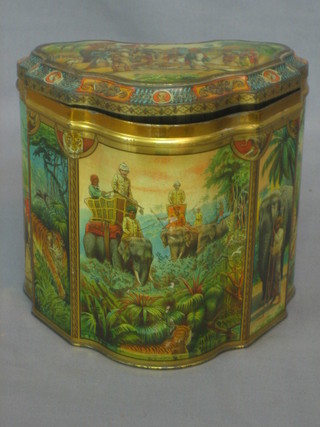A shaped Huntley & Palmer biscuit tin decorated big game hunting scene 7"