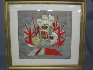 A Naval stitch work picture - a coat of arms and 3 masted war ship 17" x 18"