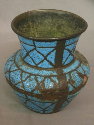An Eastern copper and turquoise enamelled vase 7"