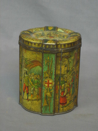 An oval Huntley & Palmer biscuit tin decorated The Arms of The City of London and "The Trained Bands" 6" (lid f)