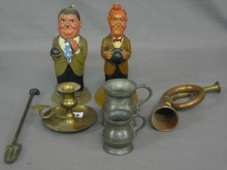 A copper and brass hunting horn and a collection of wooden and metal figures etc