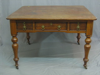 A Victorian mahogany library table, fitted 1 long and 2 short drawers, raised on turned supports 49"