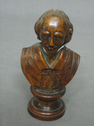 A carved wooden head and shoulders portrait bust of Shakespeare 6"