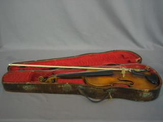 A violin with 2 piece back 14", having a label to the inside - Nicolaus Aniatus Fecit In Cremona 1621, together with an unmarked bow and wooden carrying case
