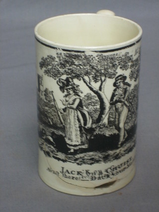 A 17th/18th Century Creamware tankard decorated a couple, marked Jack on a Cruise Raft There Back Your Main Top - Fair, 5"