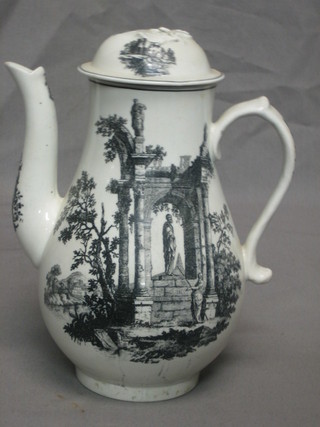 An 18th/19th Century Creamware coffee pot with monochrome transfer decoration, decorated a classical temple (finial to lid f), 9"