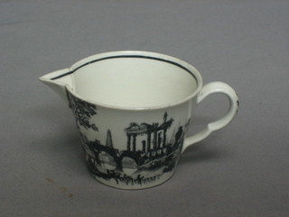 An 18th/19th Century Creamware cream jug with sparrow beak and monochrome transfer decoration, decorated a landscape 3"