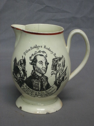 An 18th Century Creamware jug decorated a portrait of Sir George Bridges Rodney, the reverse decorated his flag ship (cracked, chip to the rim and 4 chips to the base) 6"