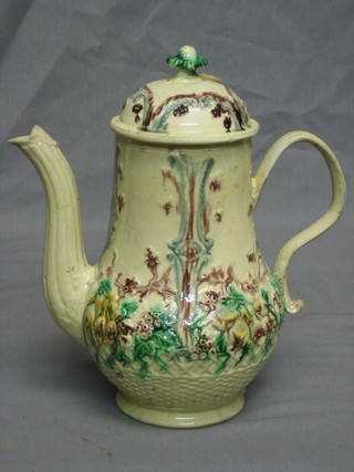 A Whieldon style coffee pot (cracked and handle R) 8" high