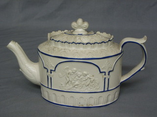 A 19th Century oval stoneware teapot with panel decoration (chip to rim)