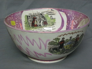 A 19th Century circular Sunderland lustre punch bowl, the interior decorated the Sailors Return, the exterior decorated rifleman and Godspeed Prayer 10" (very f and r)