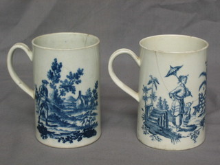 A Worcester blue and white porcelain tankard decorated Rifleman and 1 other decorated a reclining lady and standing lady with parasol 5", both with blue crescent mark to base (both cracked)