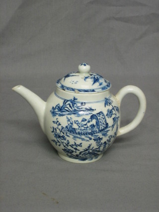 An 18th Century Worcester style blue and white porcelain teapot decorated a hunt with camels 4" together with an associated lid (chipped and cracked)
