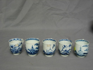 An 18th Century Worcester blue and white coffee can decorated Oriental landscape together with 4 others (all f)