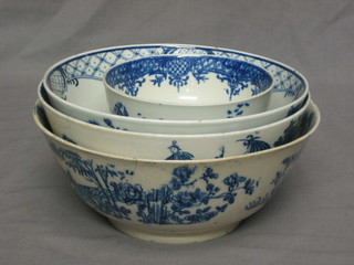 An 18th Century Worcester blue and white bowl decorated The Willow Pattern, 4 1/2" (cracked), a blue and white bowl decorated flowers and butterflies 7" and 2 other blue and white bowls (cracked)