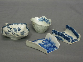 2 19th Century blue and white porcelain asparagus holders, a blue and white leaf shaped pickle dish (f) and a blue and white leaf shaped pap boat (f)