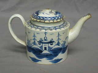 An Oriental style cylindrical blue & white teapot (holed, chipped to lid & rim) 5"