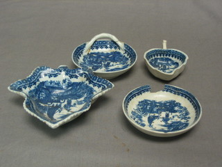 2 18th/19th Century blue and white tea strainers (f), a blue and white leaf shaped pickle dish and a small pap boat (all damaged)