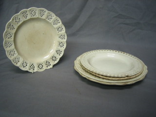 An 18th/19th Century Creamware plate with bracketed border 9 1/2" (crack to side) 1 other 8" (cracked) and 3 ribbonware plates (2 f)