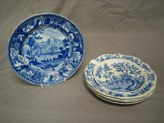5 19th Century blue and white pottery plates decorated landscapes (4 f) 8"
