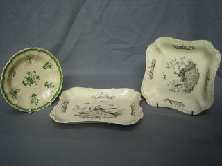 A 19th Century Creamware rectangular dish with monochrome decoration - teapots, 9 1/2" (f), a similar square dish (cracked) and a circular green and white dish 7"