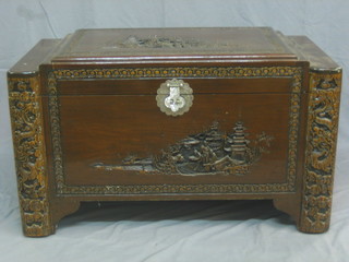 A carved Hong Kong camphor wood coffer with hinged lid, 40"