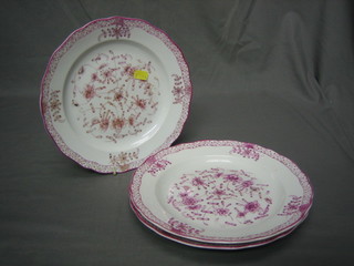 3 19th Century Meissen porcelain plates with puce floral decoration 9 1/2", the reverse with cancellation marks