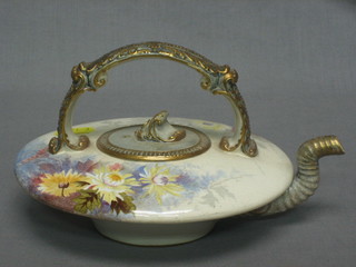 An oval Crown Doulton Lambeth pottery teapot with floral decoration, the base marked 2143 A5 8"