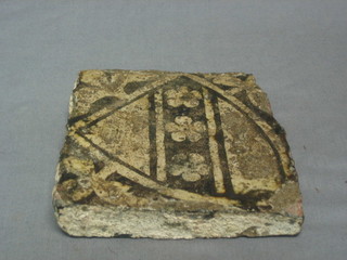 A square mediaeval tile decorated a coat of arms 5" (some damage)