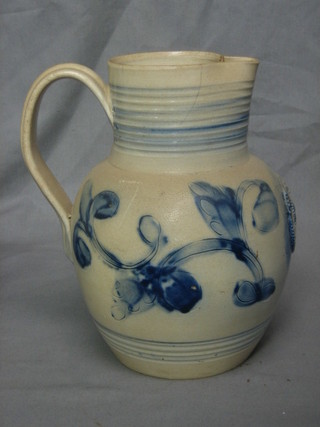 A Georgian blue salt glazed jug with Crown Royal Cypher (star crack to base and crack to rim) 8 1/2"