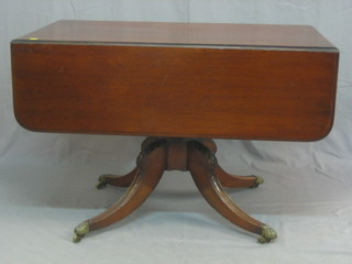 A 19th Century mahogany pedestal Pembroke table fitted 2 drawers, raised on a turned column with tripod supports ending in caps and castors 41"