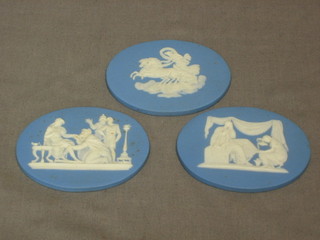3 Wedgwood oval blue Jasperware plaques decorated classical figures, the reverse impressed Wedgwood 132 22 227, 3"