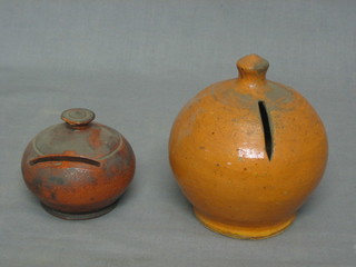 2 curious 18th/19th Century musical pottery money boxes 4" and 3"