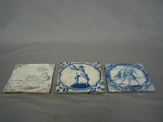 3 Delft tiles decorated Musketeer, Angel and Man and 2 figures