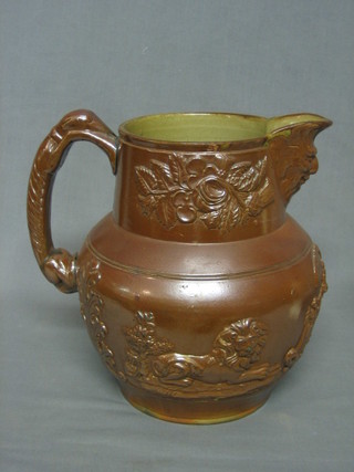 A large Victorian stoneware jug decorated The Oddfellows Arms with greyhound handle, 10" (star crack to base)