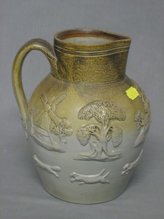 A grey salt glazed hunting jug 8"