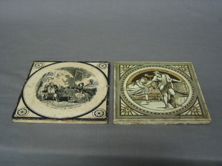 A 19th Century Mintons tile decorated a classical scene and a Victorian tile decorated a monochrome print The Shadow in The Little Parlour