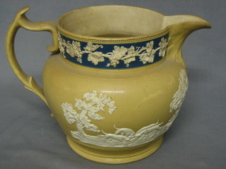 A 19th Century Harvest jug decorated a hunting scene 8" (star crack to base)