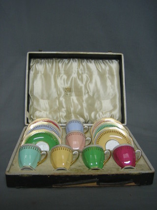 A 12 piece Spode Rye pattern coffee service with 6 coffee cups (4 cracked) and 6 saucers contained in a presentation case