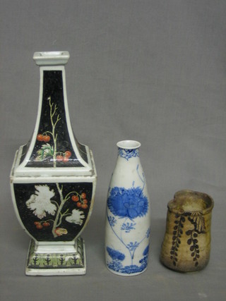A Continental porcelain square bottle shaped vase 12", an Oriental blue and white bottle shaped vase 7" and an Art Pottery vase 4"