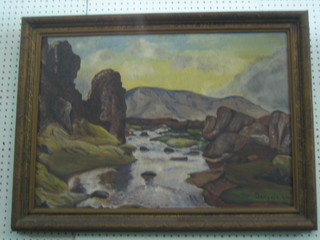 Bergsveihn?, oil painting on canvas "River Scene with Mountain" 27" x 18" signed