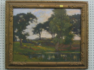 R W Emmes, impressionist oil on board "Figures by a Lake" 15" x 19"