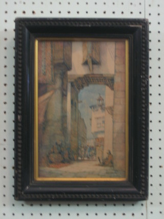 After R Rhys-Jenkins, coloured print "Eastern Bazaar" 11" x 7" contained in an ebonised frame