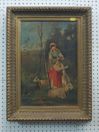Jaubi?, Italian? oil on board "Lady Goat Herder with Goats", indistinctly signed bottom right 15" x 10"